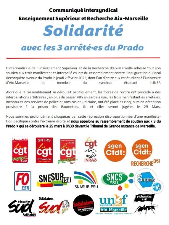 communiqué de solidarité avec les trois du Prado publié par l'intersyndicale Enseignement supérieur et Recherche d'Aix-Marseille